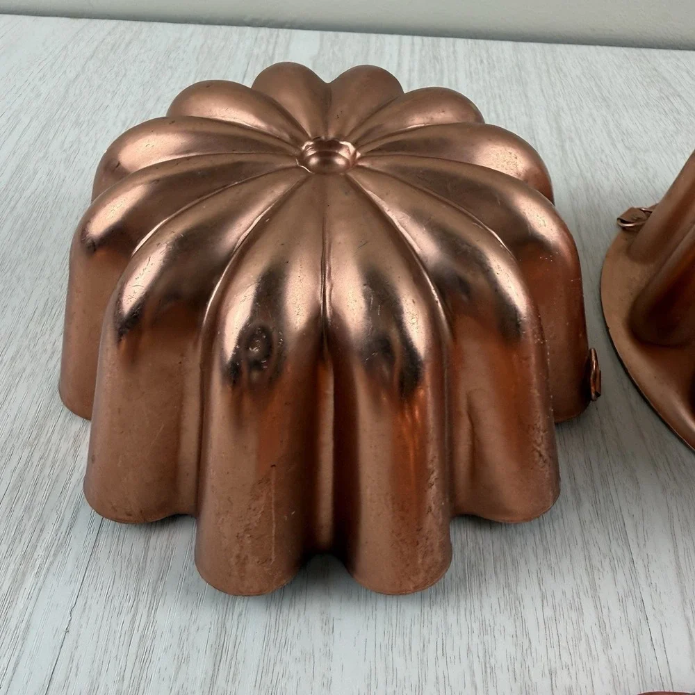 4 Vtg Copper Aluminum Jello Cake Molds Wall Hanging Fruit Basket Bunt Hobnail